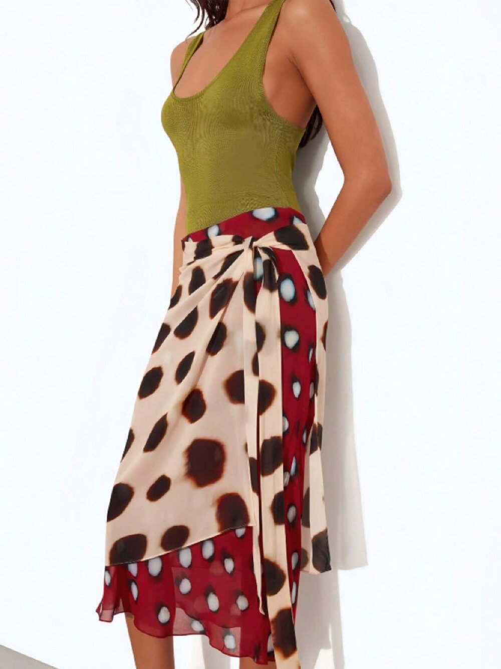 Khaki Casual Women's Polka Dot Wrap Tie Ruffle Bodycon Midi Skirt - Picture 2 of 10